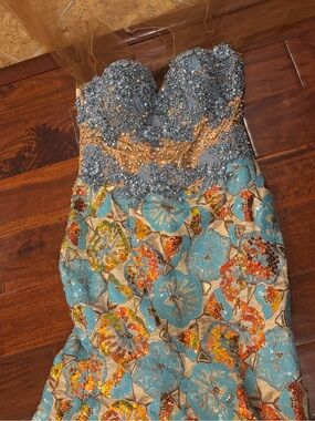 Strapless Floral Sequin Wedding Dress in Teal and Gold